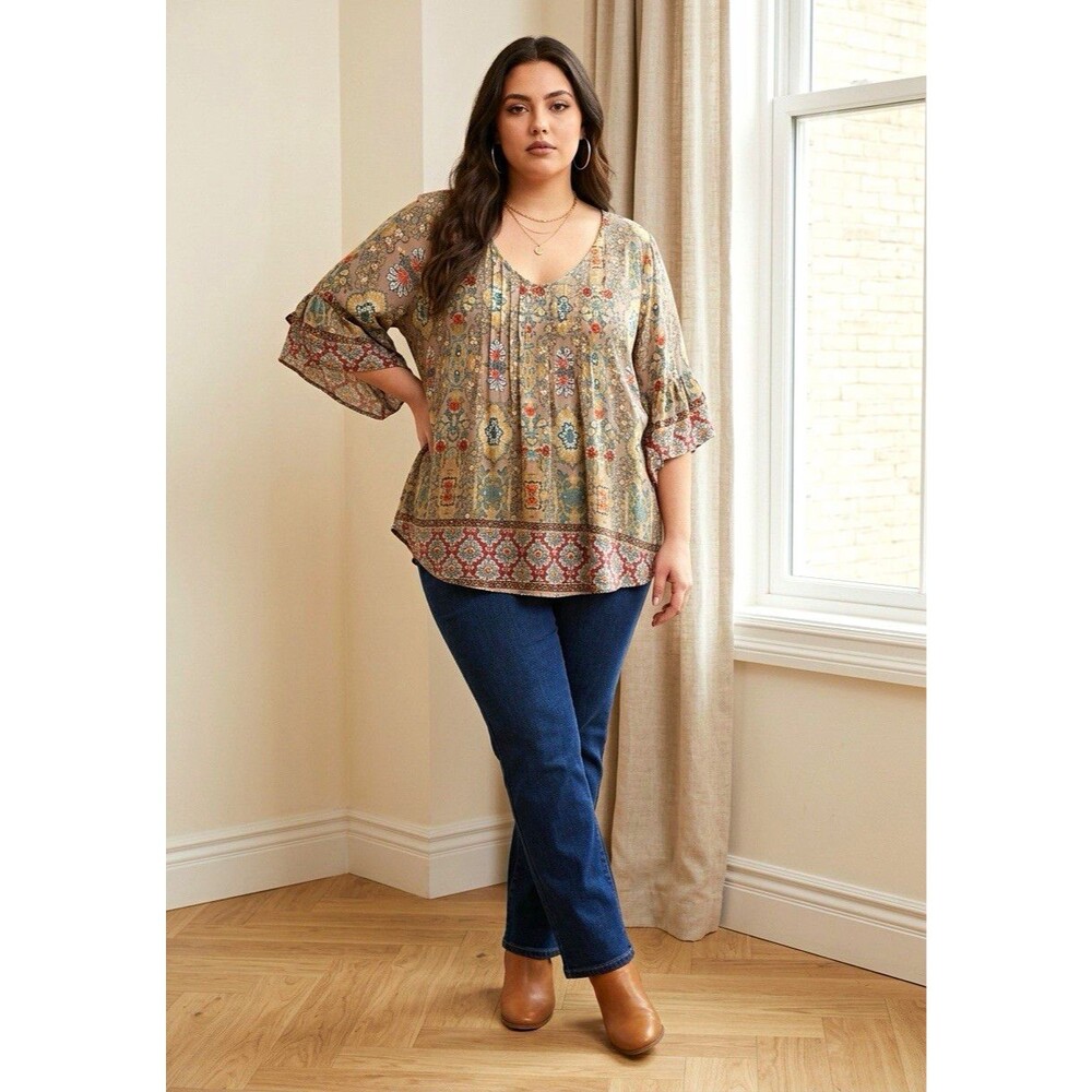 energe Beige Blue Red Paisley Woven Pleated V-Neck 3/4 Sleeve Tunic Blouse XL